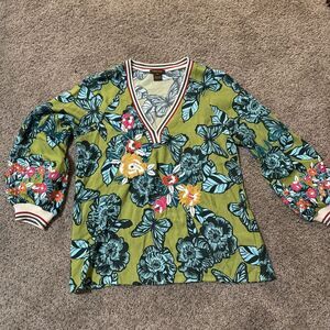 Anthropologie Vineet Bahl Ashley Long Sleeve V-neck Blouse Embroidered Blouse XS